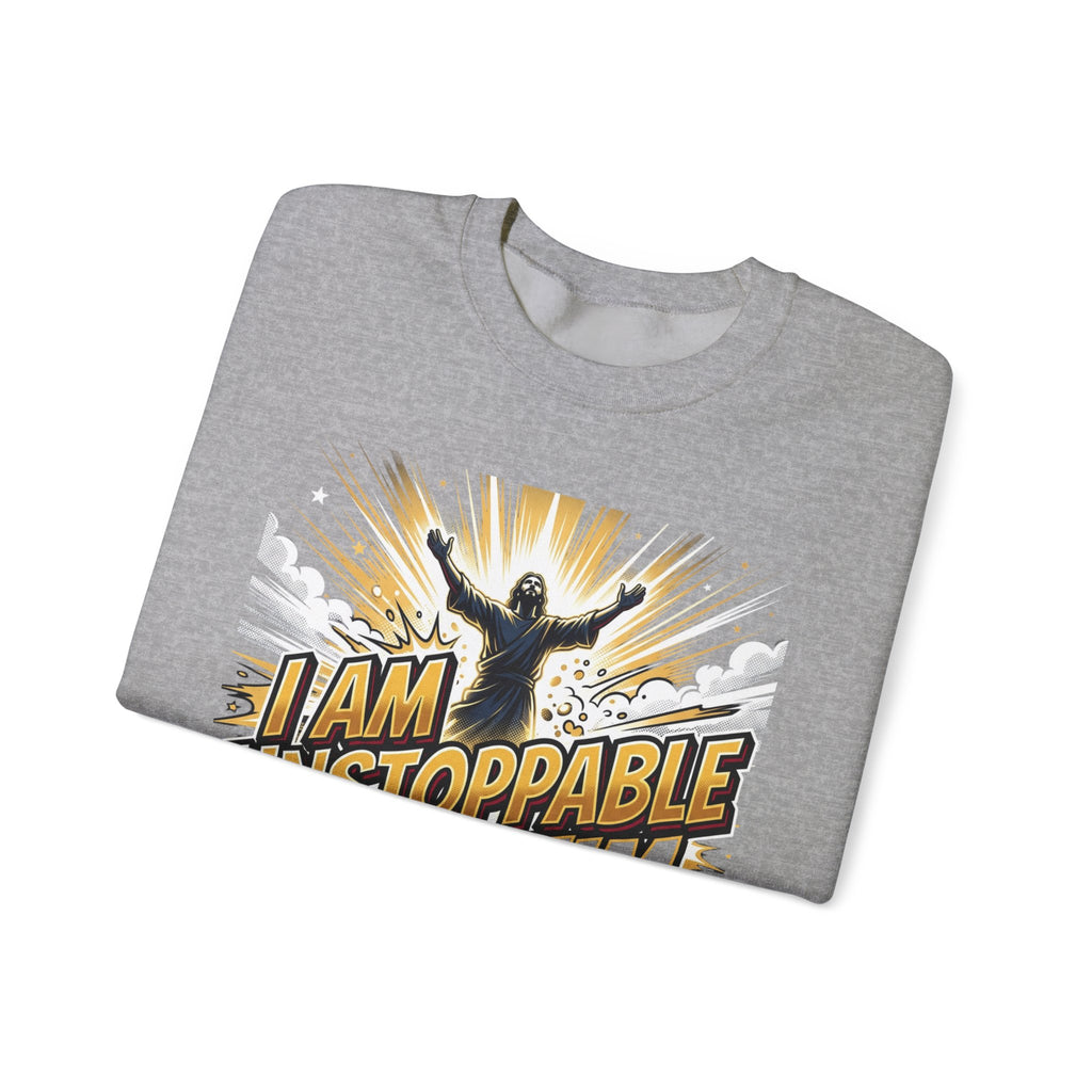 Inspirational Crewneck Sweatshirt — "I Am Unstoppable With Him" Christian Graphic