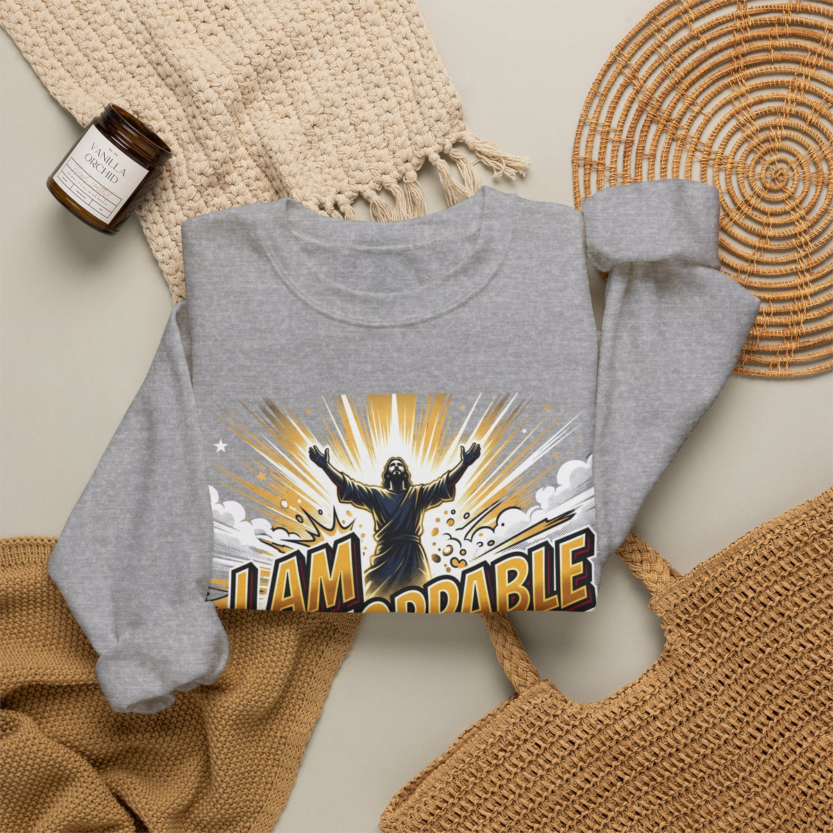 Inspirational Crewneck Sweatshirt — "I Am Unstoppable With Him" Christian Graphic