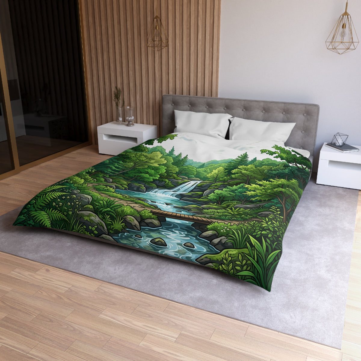 Waterfall Forest Duvet Cover — Scenic Nature Microfiber Bedding