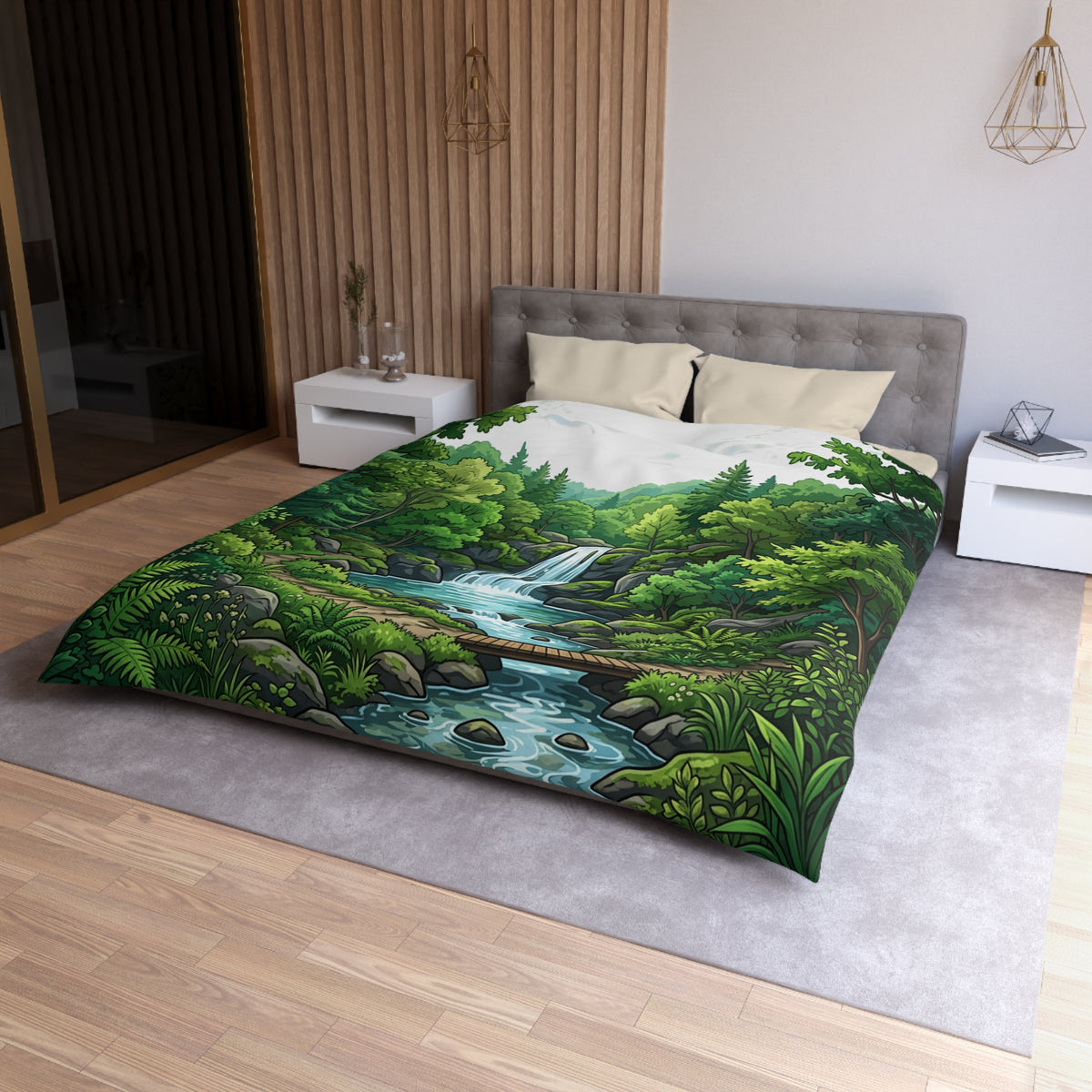 Waterfall Forest Duvet Cover — Scenic Nature Microfiber Bedding
