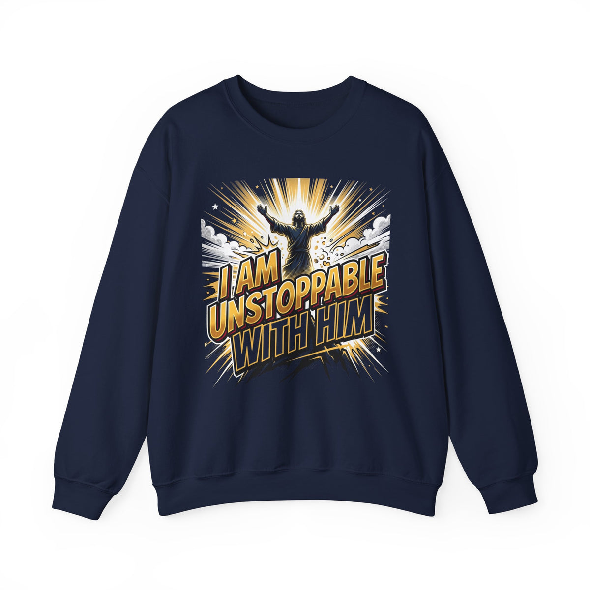 Inspirational Crewneck Sweatshirt — "I Am Unstoppable With Him" Christian Graphic