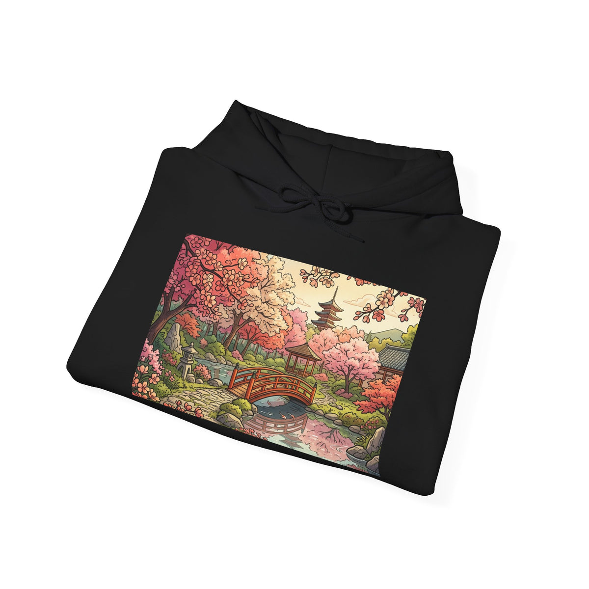 Scenic Japanese Garden Hoodie - Cherry Blossom Pagoda Sweatshirt