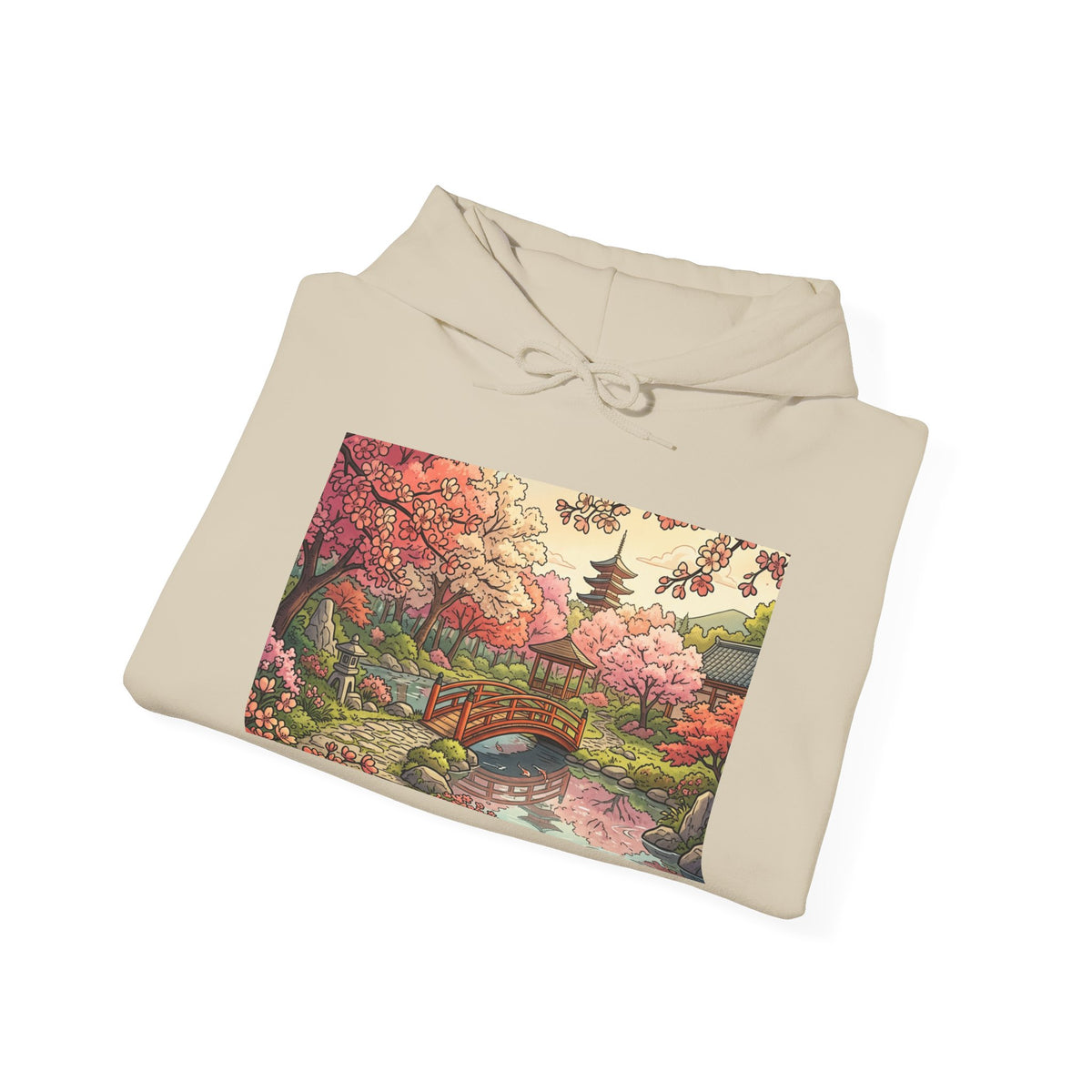 Scenic Japanese Garden Hoodie - Cherry Blossom Pagoda Sweatshirt