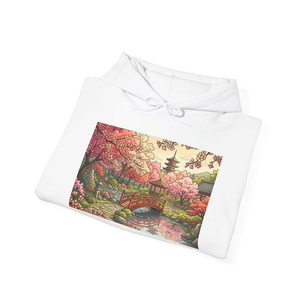 Scenic Japanese Garden Hoodie - Cherry Blossom Pagoda Sweatshirt