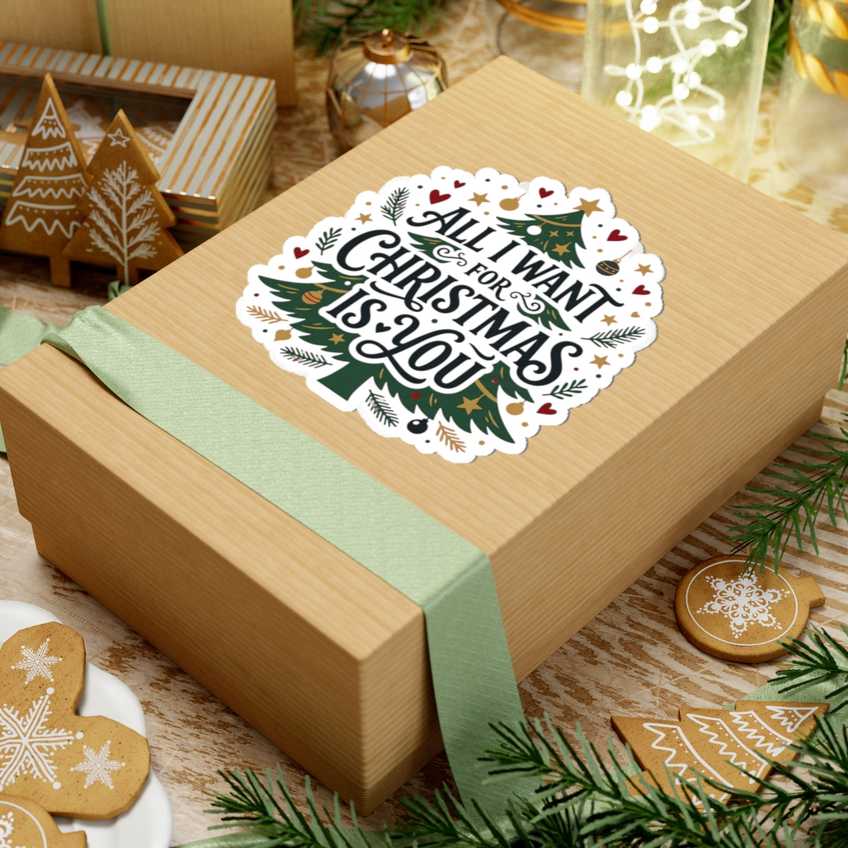 Christmas Tree Sticker — “All I Want for Christmas Is You” Kiss-Cut Holiday Decal