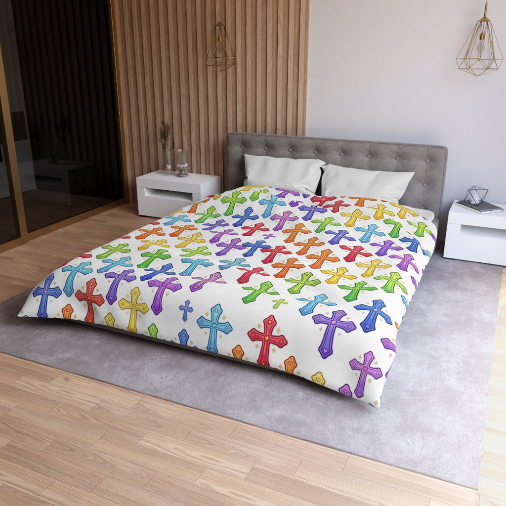 Rainbow Crosses Microfiber Duvet Cover — Colorful Christian Bedroom Bedding
