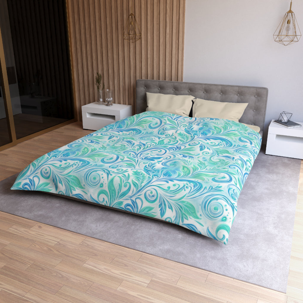 Duvet Cover — Aqua Watercolor Floral Swirl Pattern