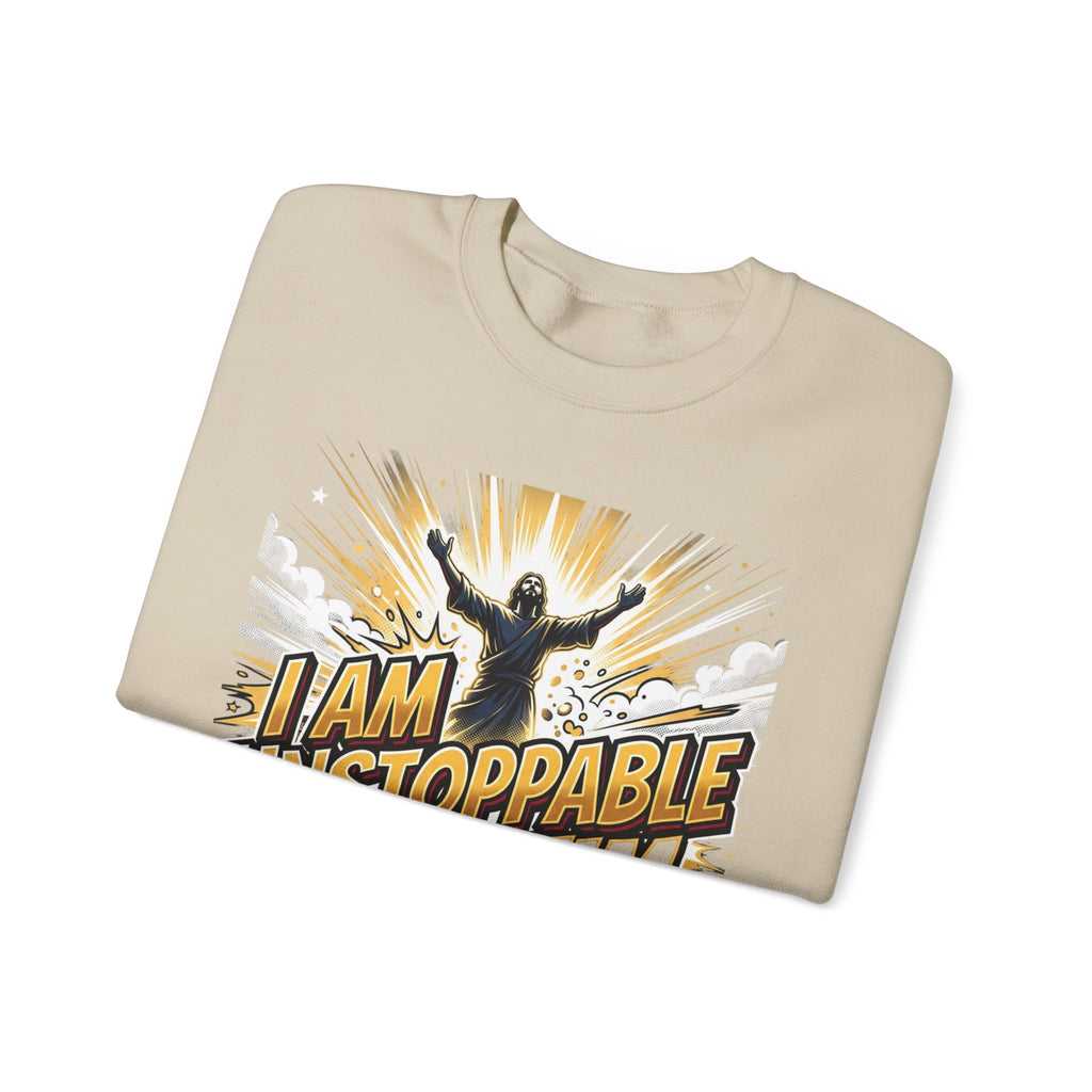 Inspirational Crewneck Sweatshirt — "I Am Unstoppable With Him" Christian Graphic