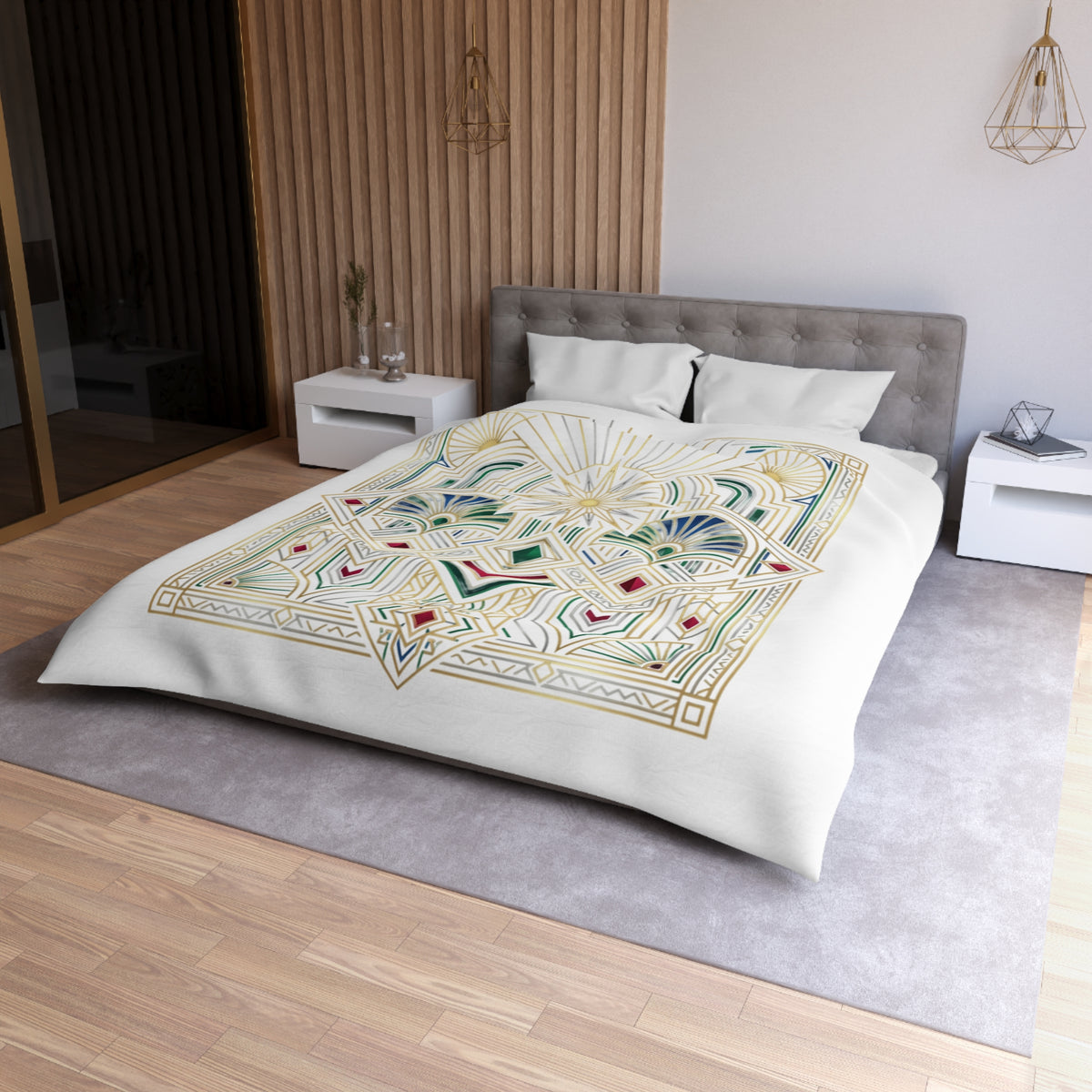 Art Deco Sunburst Duvet Cover — Gold Geometric Microfiber Bedding