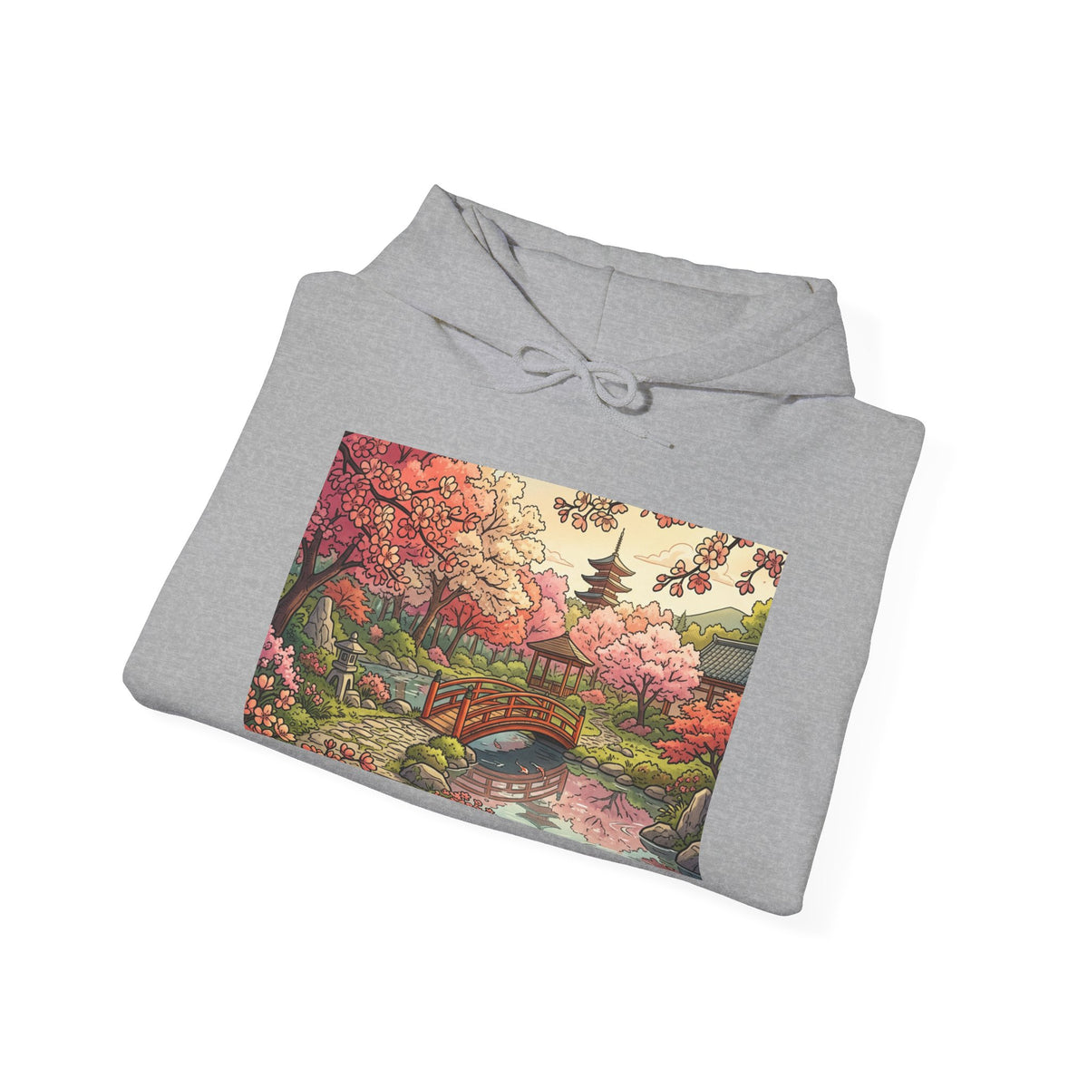 Scenic Japanese Garden Hoodie - Cherry Blossom Pagoda Sweatshirt