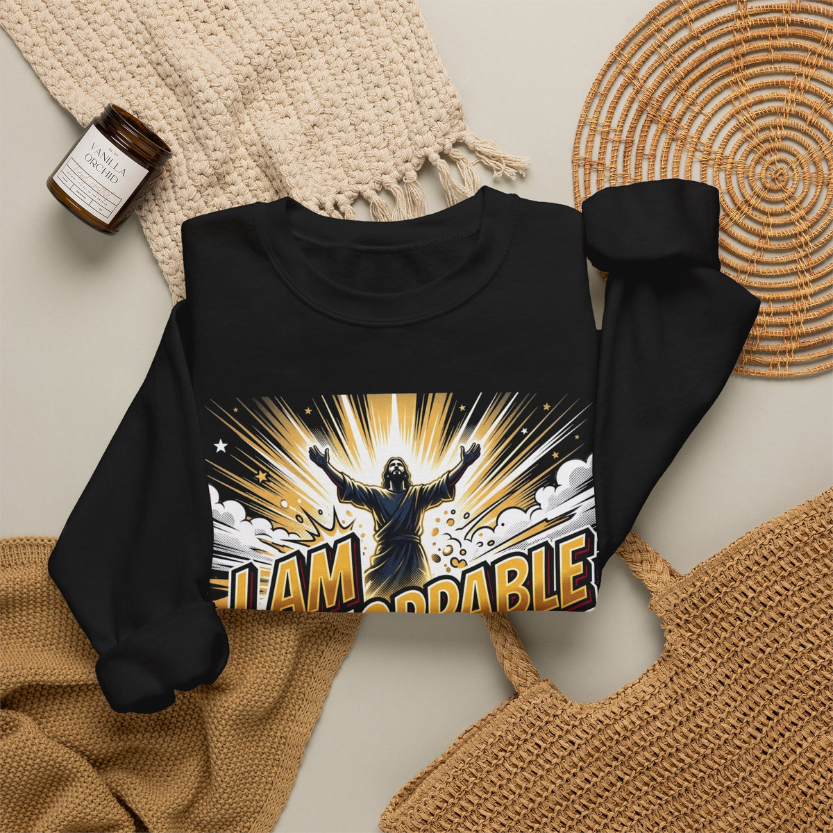 Inspirational Crewneck Sweatshirt — "I Am Unstoppable With Him" Christian Graphic