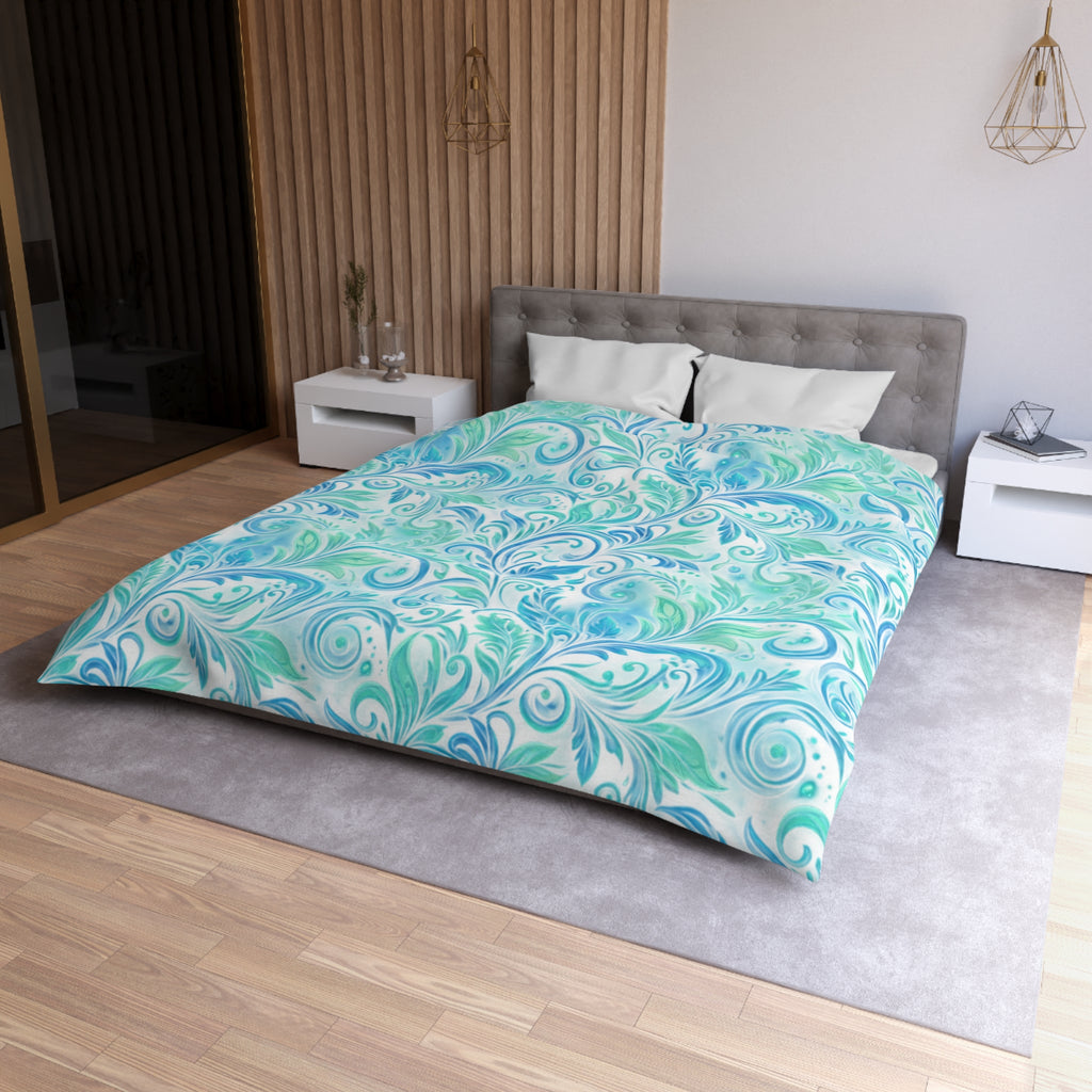 Duvet Cover — Aqua Watercolor Floral Swirl Pattern
