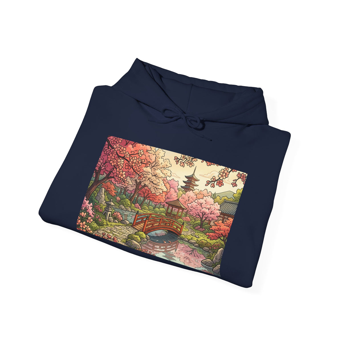 Scenic Japanese Garden Hoodie - Cherry Blossom Pagoda Sweatshirt