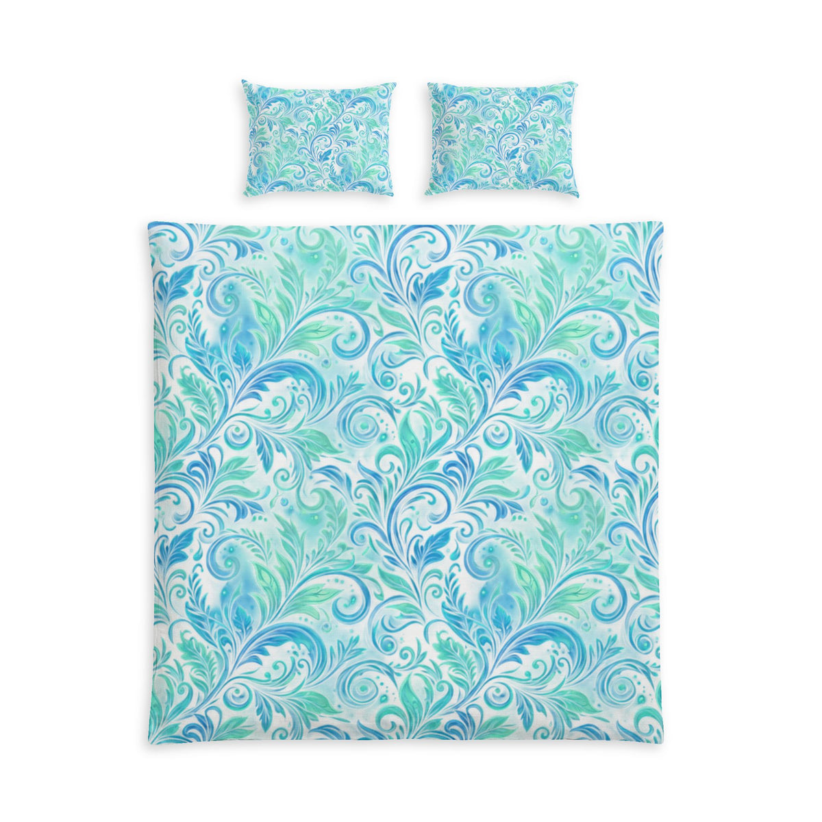 Aqua Flourish Duvet Cover - Blue Green Swirl Cotton Bed Set