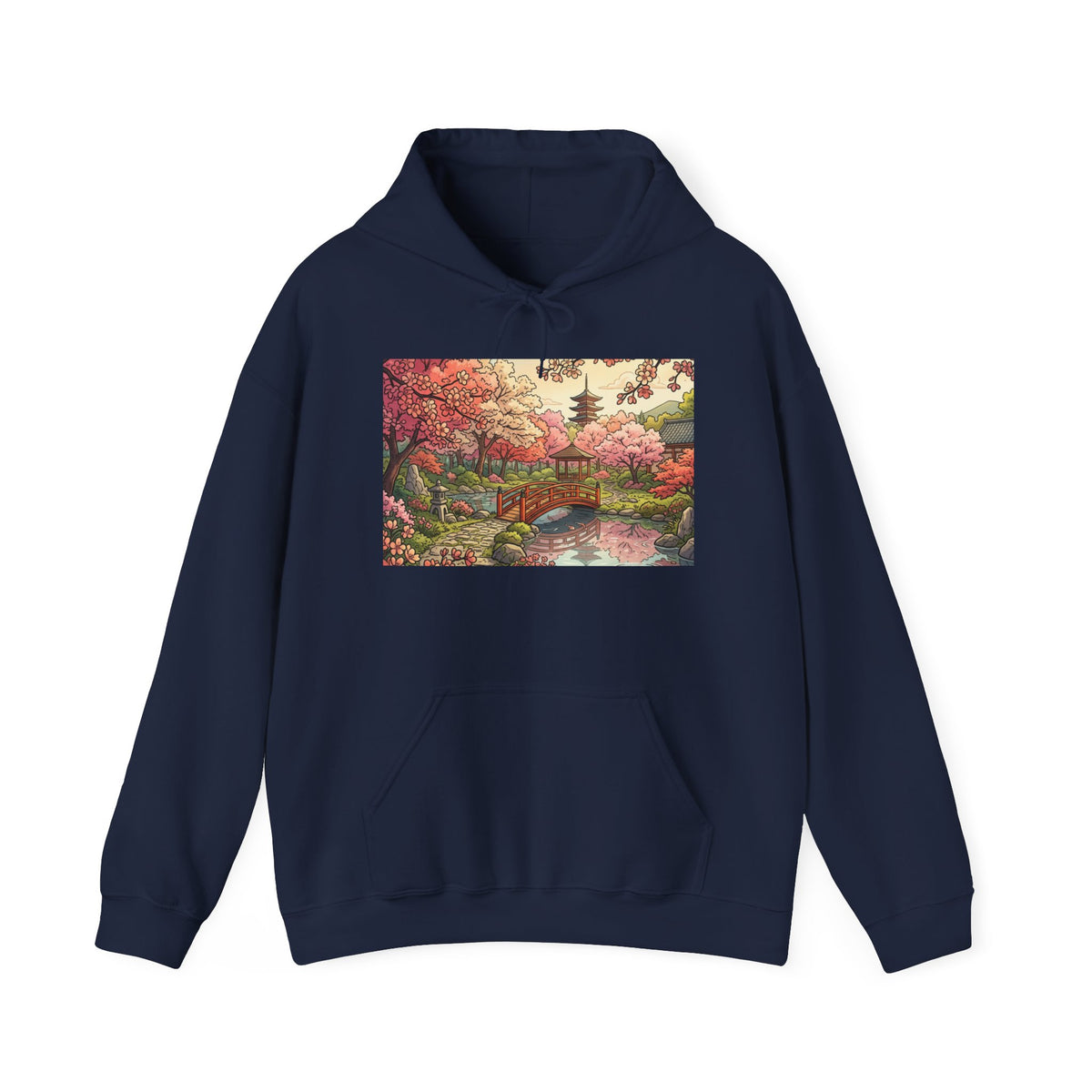 Scenic Japanese Garden Hoodie - Cherry Blossom Pagoda Sweatshirt